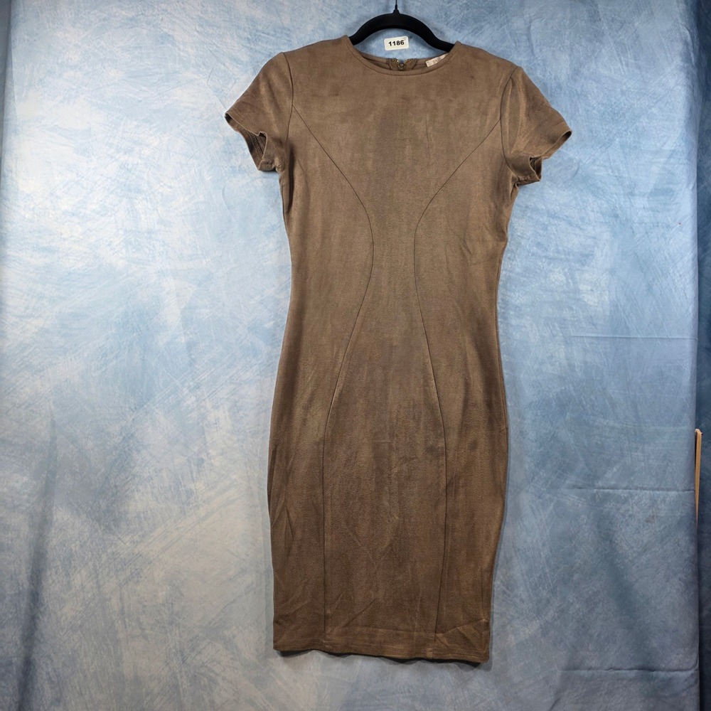 Shop 17 Womens‎ Faux Suede Bodycon Dress Taupe Brown Short Sleeve Size Small NWT